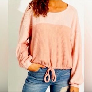 Hollister pink pullover sweater elastic waist tie and open keyhole back. Small